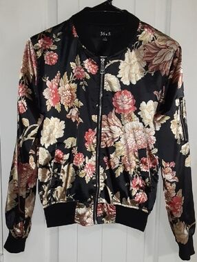 36.5 Elegant satin Floral Bomber Jacket Black Red Cream Small